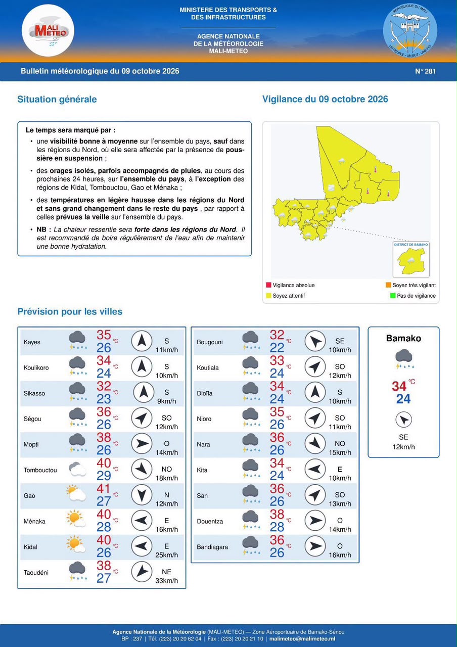 Mali : orages isolés et poussière au Nord attendus jeudi